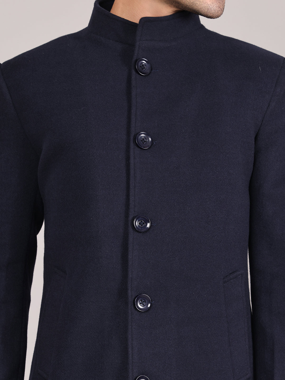 Men Single-Breasted Stand Collar Long Sleeves Overcoat HMC-504 - Navy
