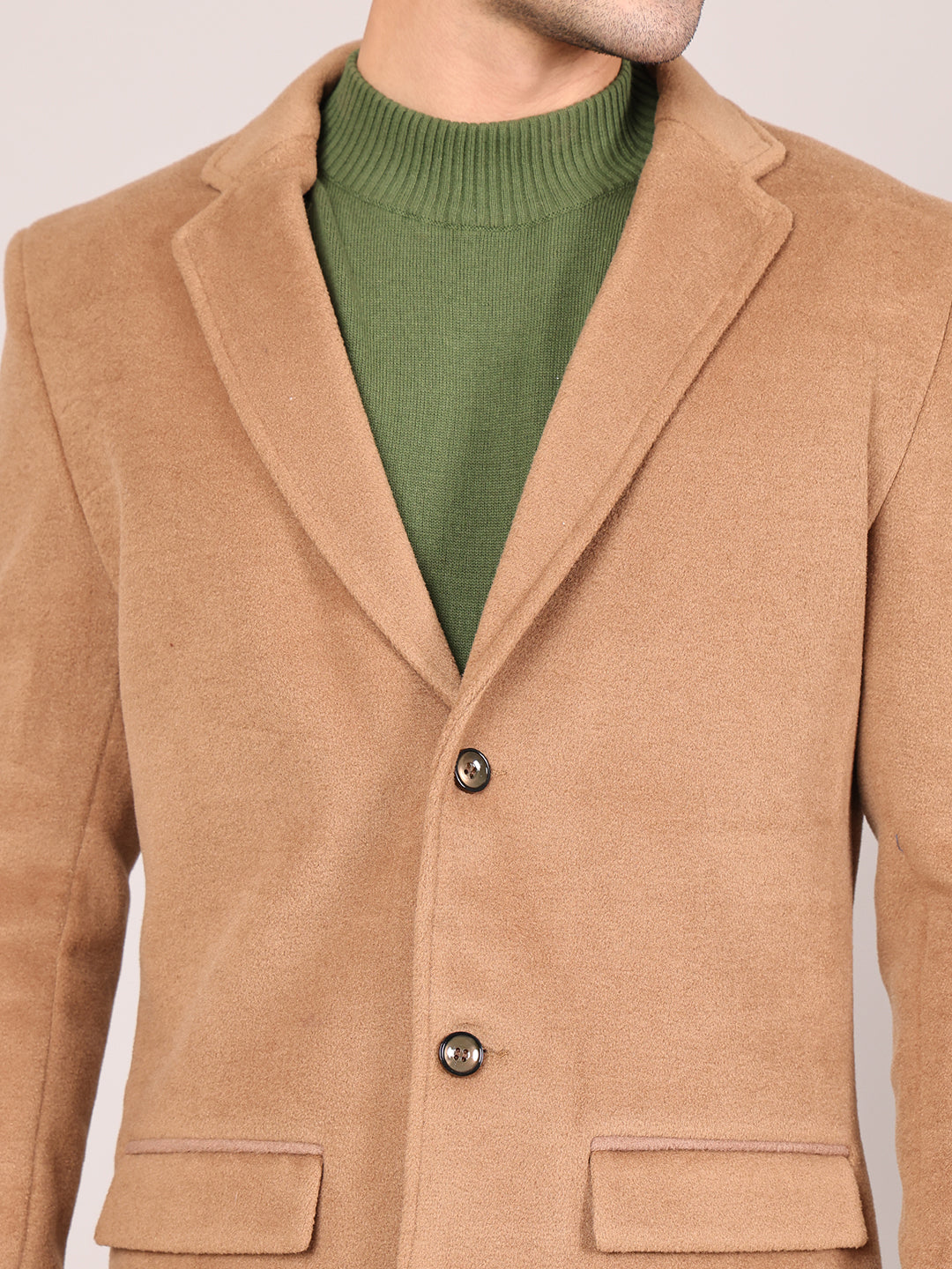 Men Notched Lapel Collar Long Overcoat HMC-502 - Tan