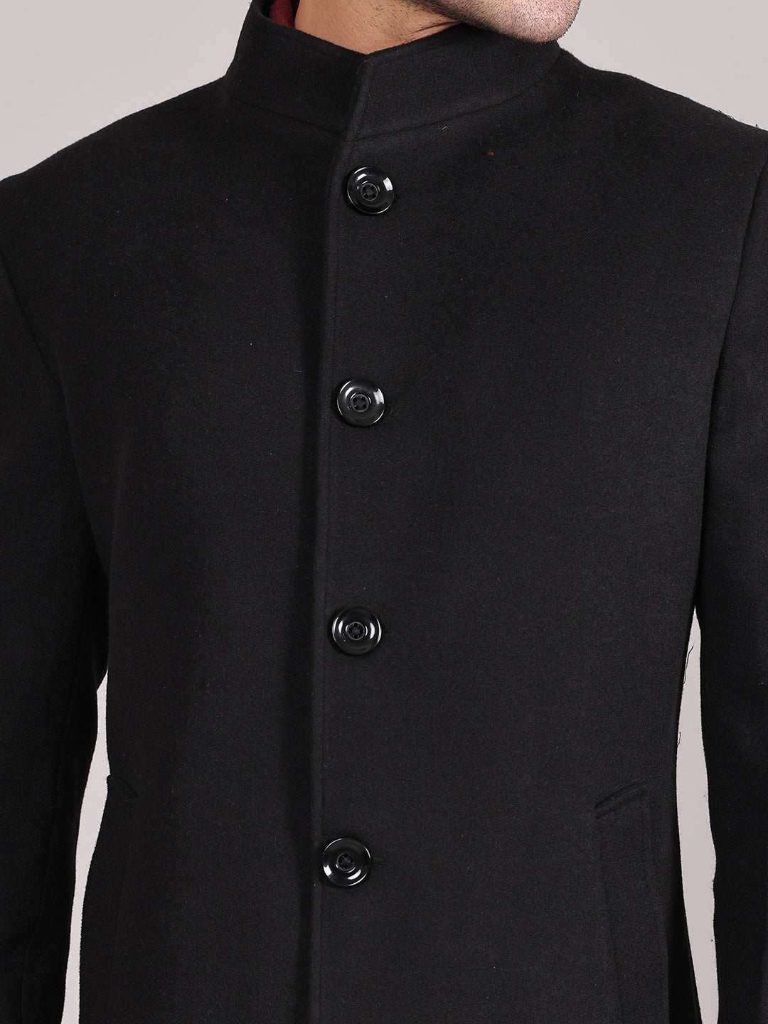 Men Single-Breasted Stand Collar Long Sleeves Overcoat HMC-504 - Black