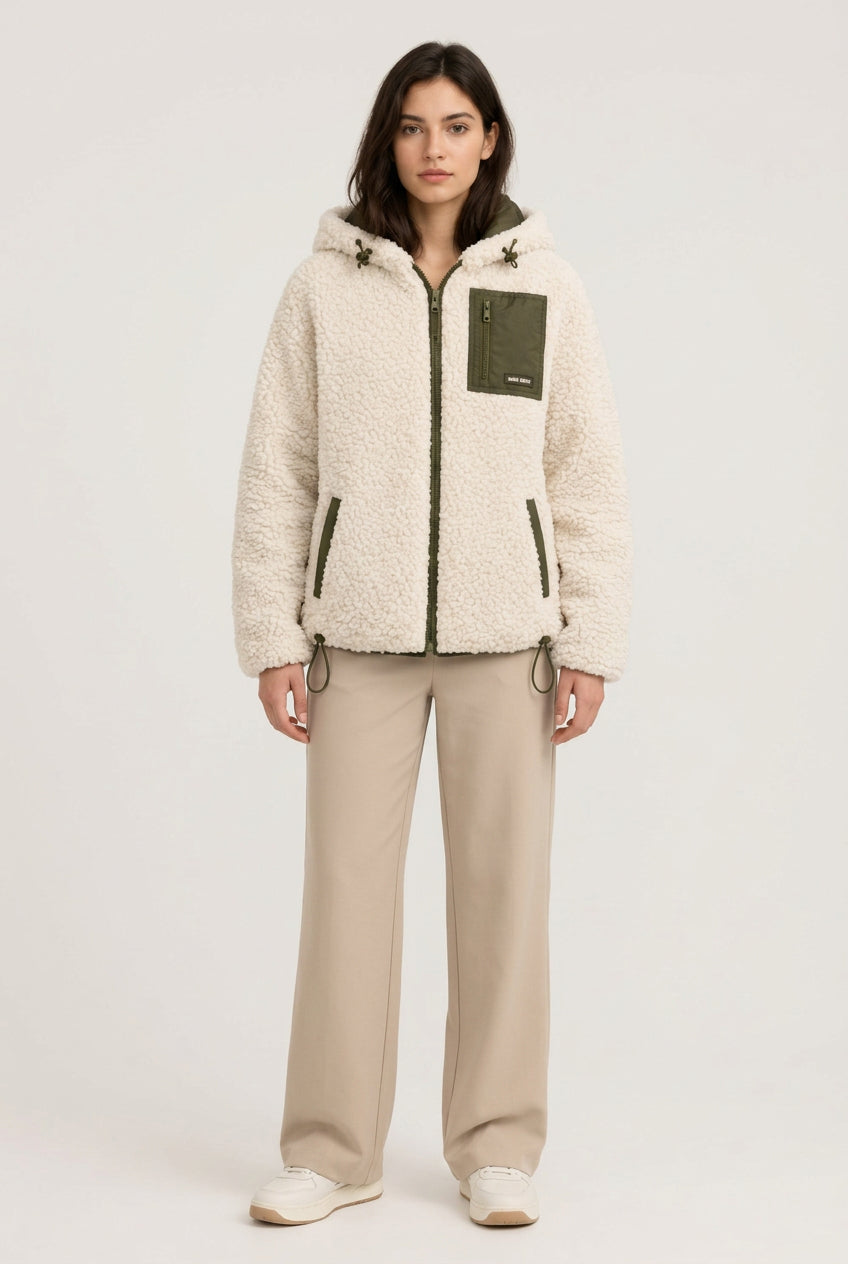 House of Vedas Women Hooded sherpaa  Jacket HM-513 White.