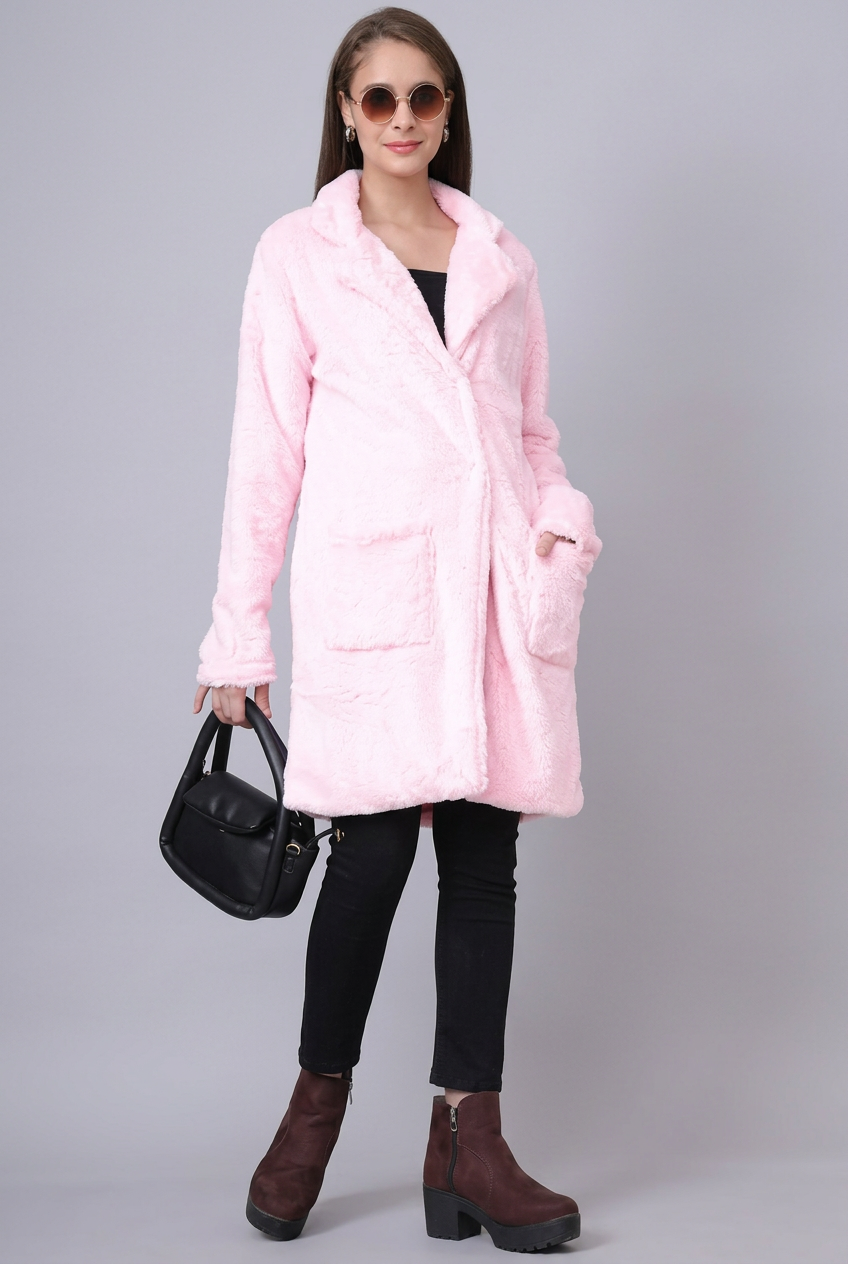 Pink Solid Lapel Long Fur Coat | Women