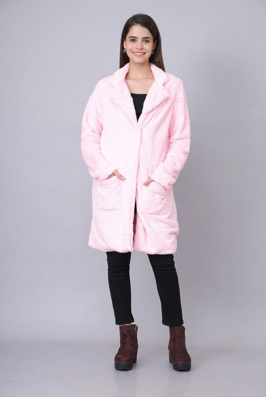 Pink Solid Lapel Long Fur Coat | Women