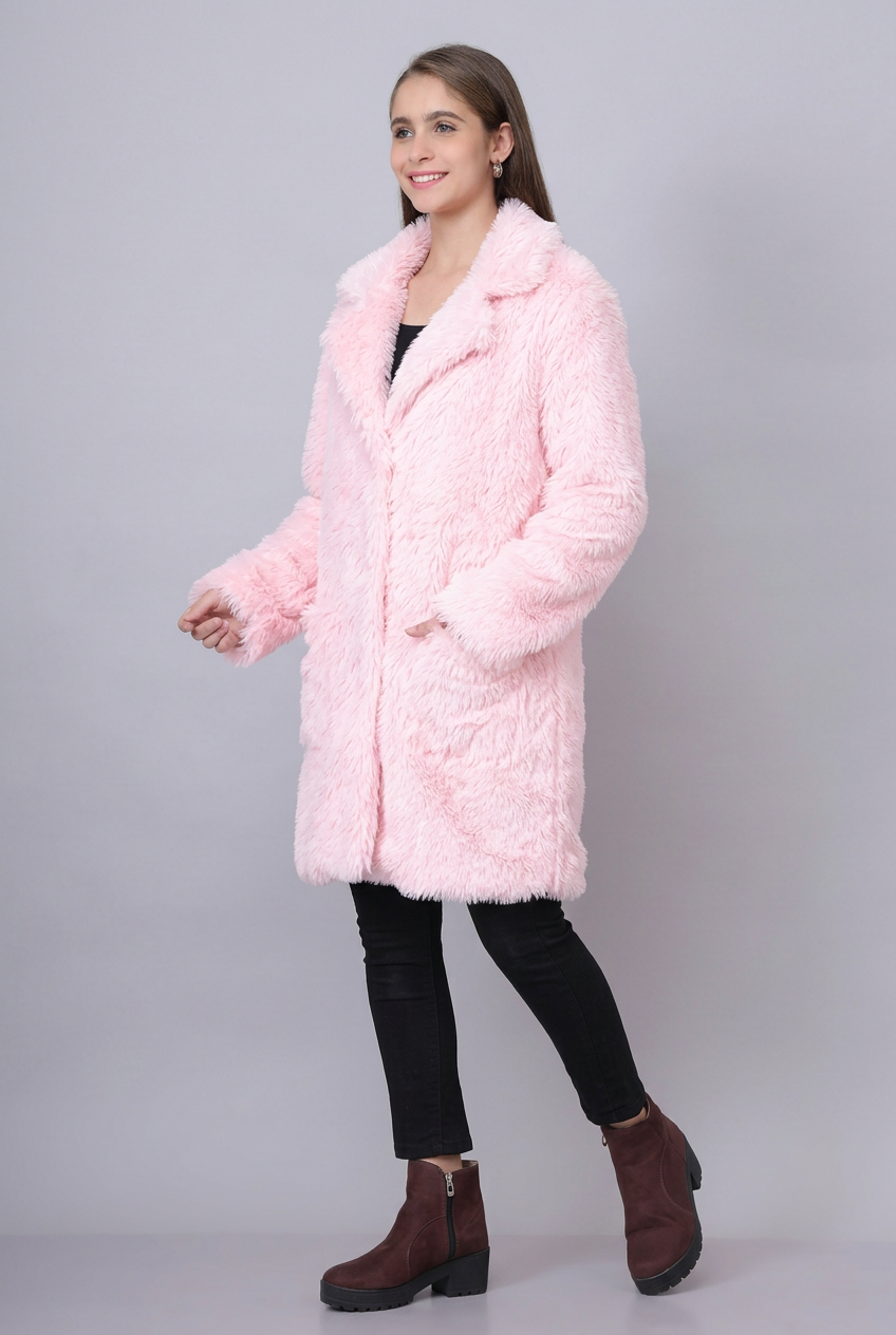 Pink Solid Lapel Long Fur Coat | Women