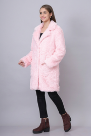 Pink Solid Lapel Long Fur Coat | Women