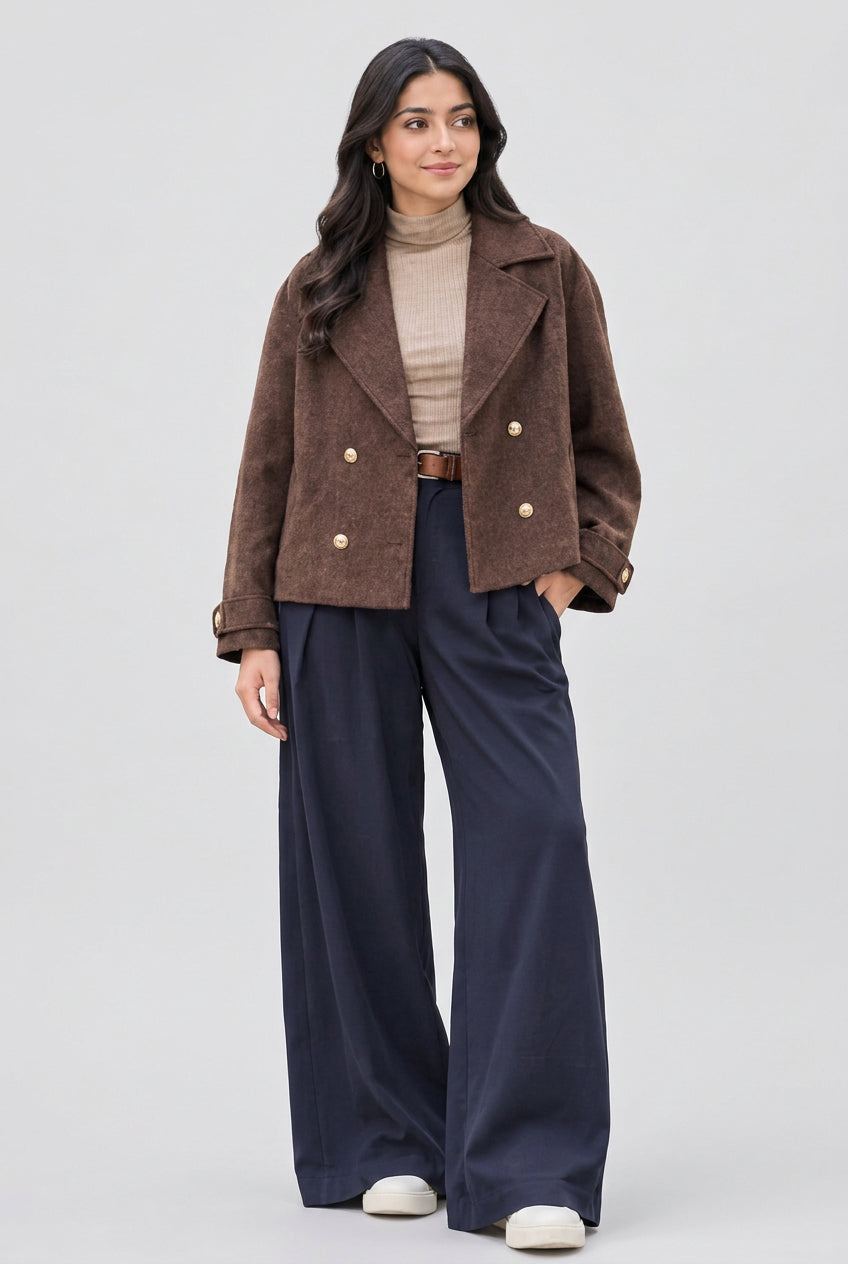 House of Vedas Women short double breast Tweed Coat Hm- 514 Mouse.