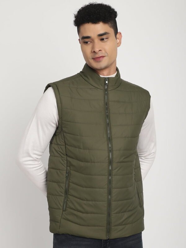 Elegant Sleeveless Olive Puffer Jacket