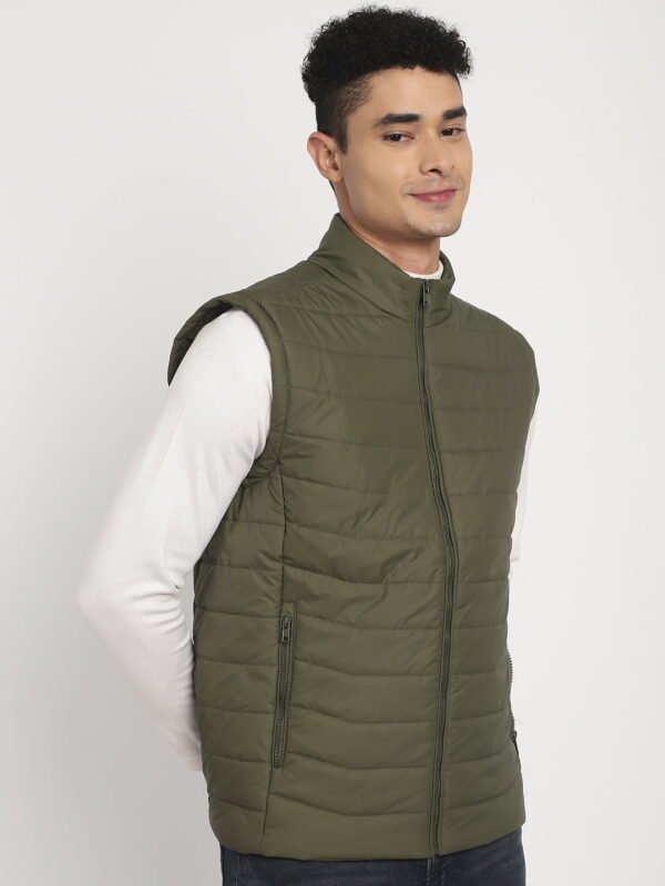 Elegant Sleeveless Olive Puffer Jacket - Image 3