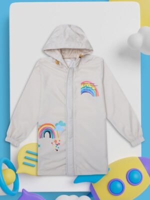 Premium Quality Boys Rain Jacket Product Display in India - Stylish Beige Printed Windcheater