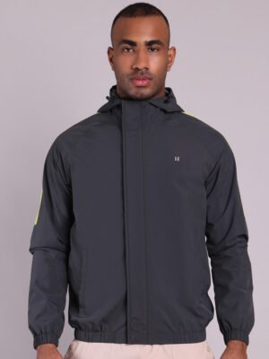 HOUSE OF VEDAS rain jacket for men. Elegant Finish product display. Waterproof windcheater online shopping in India.