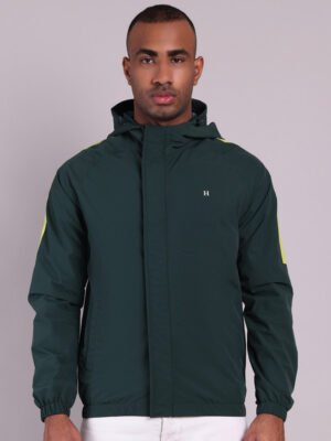 HOUSE OF VEDAS Mens Green Rain Jacket Product Display. Solid Waterproof. Professional Look for Online Shopping in India.