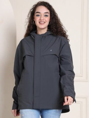 HOUSE OF VEDAS Premium Quality womens grey rain jacket Product Display for Online Shopping in India.
