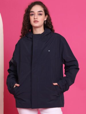 Navy Blue Rain Jacket for Women Product Display. Stylish Design waterproof online shopping in India.