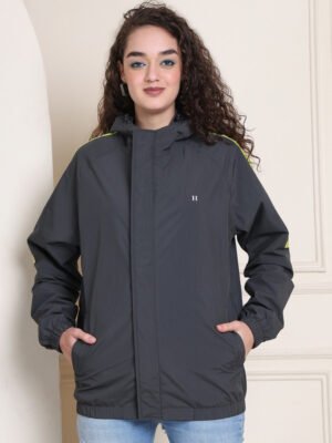 Womens Waterproof Rainwear Modern Style Product Display in India. Sleek grey windcheater for online shopping.