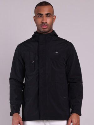 HOUSE OF VEDAS Black Rain Jacket for Men Product Display. Elegant Finish Online Shopping in India.