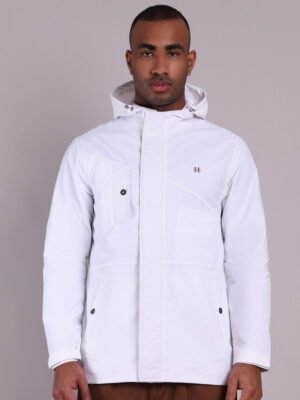 HOUSE OF VEDAS Mens Rain Jacket Product Display in India Modern Style Solid White Plus Size.