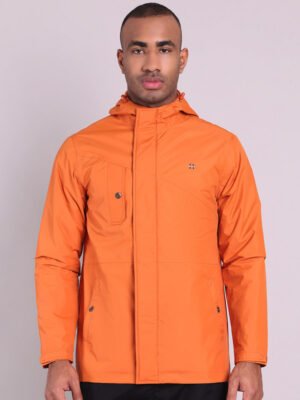 HOUSE OF VEDAS Rust Rain Jacket for Men Product Display. Professional Look. Buy Online Shopping in India.