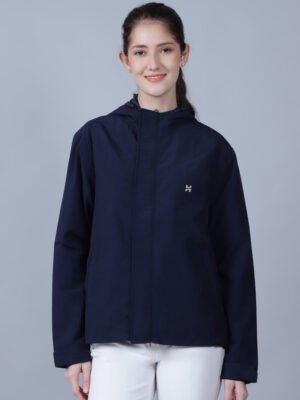 Premium Quality Womens Navy Rain Jacket Product Display in India. Waterproof Windcheater for Online Shopping.