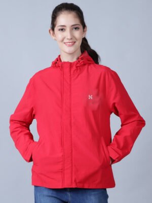 Premium Quality Womens Red Rain Jacket Product Display in India.