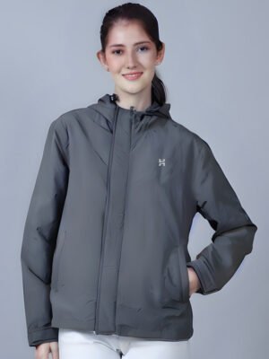 Womens Grey Rain Jacket Product Display. Elegant Finish in India. High-Quality Windcheater Online Shopping.